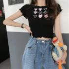 Short-sleeve Ruffled Trim Printed T-shirt