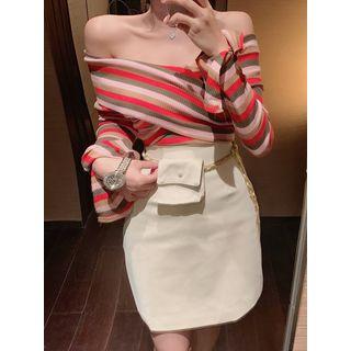 Boatneck Cross-strap Striped Top / Faux-leather Pencil Skirt