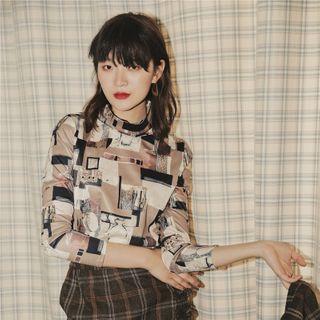 Printed Mock-turtleneck 3/4-sleeve Top