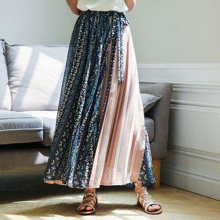 Print Panel Pleated Maxi Dress As Shown In Figure - One Size