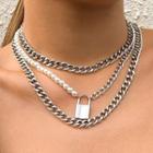 Set Of 3: Faux Pearl Lock Layered Chain Necklace Silver - One Size