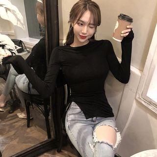 Long-sleeve Slit Drawstring T-shirt