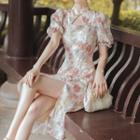 Short-sleeve Cutout Floral Split Midi Qipao Dress