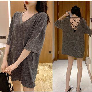 3/4-sleeve Glitter Cutout Mini T-shirt Dress