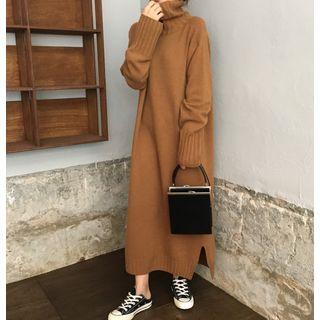 Mock-turtleneck Long-sleeved Loose-fit Knitted Long Sheath Dress