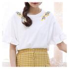 Floral-embroidered Frill-sleeve T-shirt