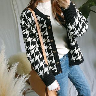 Metallic-button Houndstooth Cardigan