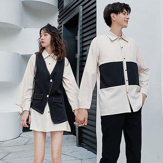 Couple Matching Two-tone Shirt / Mini Shirtdress / V-neck Buttoned Vest / Set