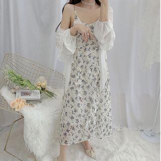 Loose-fit Blouse / Sleeveless Floral A-line Dress
