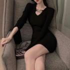 Long-sleeve Chain Detail Mini Knit Sheath Dress Black - One Size
