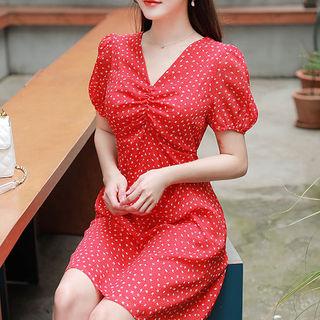 Puff-sleeve Shirred-trim Floral Chiffon Dress