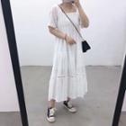 Square-neck Short-sleeve Midi A-line Dress White - One Size