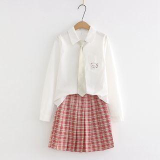 Cat Print Shirt / Plaid Mini A-line Skirt