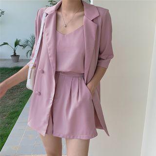 Set: Plain Short-sleeve Blazer + Shorts + Camisole Top