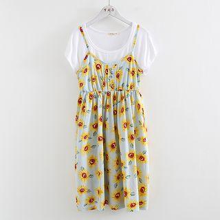 Set: Short-sleeve Top + Spaghetti Strap Printed Dress
