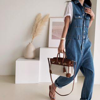 Sleeveless Shirt Denim Jumpsuit Blue - One Size