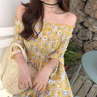 Floral Print Off-shoulder Elbow-sleeve Midi Dress