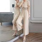 Set: V-neck Balloon-sleeve Top + Wide-leg Pants