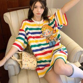 Cartoon Print Striped T-shirt Red & Yellow & Green - One Size