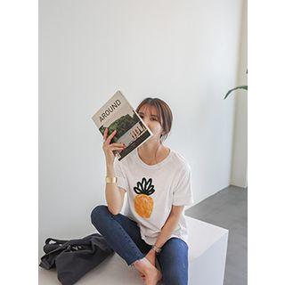 Cuff Short-sleeve Appliqu  T-shirt