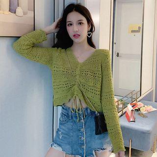 Drawstring Crochet-knit Long-sleeve Top