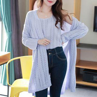 Set: Perforated Cable-knit Cardigan + Sleeveless Top