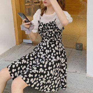 Balloon-sleeve Shirred Blouse / Floral Print Pinafore Dress