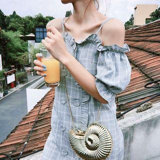 Off Shoulder Short-sleeve Plaid A-line Dress