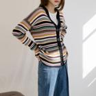 Drop-shoulder Stripe Rib-knit Cardigan Multicolor - One Size