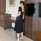 U-neck Short-sleeve Midi A-line Dress Black - One Size