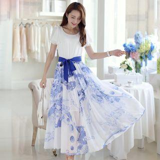 Mock Two Piece Short-sleeve Maxi Chiffon Dress
