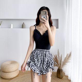 Set: Ruffle Swimsuit + Gingham Shorts