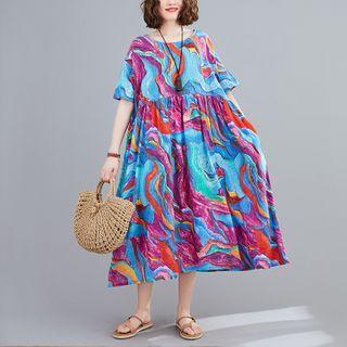 Printed Short-sleeve Midi A-line Dress Purplish Blue - One Size