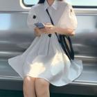Collared Puff-sleeve Dress White - One Size