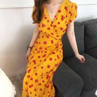 Short-sleeve Floral Midi Straight-fit Dress Yellow - One Size
