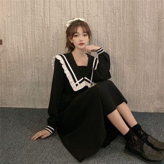 Peter Pan Collar Long-sleeve A-line Dress Black - One Size