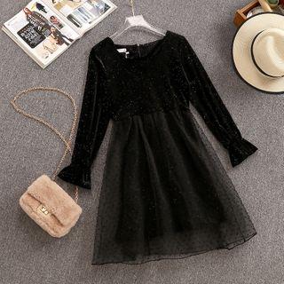 Long-sleeve Glitter Dotted A-line Mesh Dress