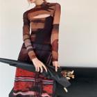 Set: Print Spaghetti Strap Midi A-line Dress + Long-sleeve Cropped Top