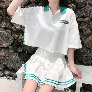 Elbow-sleeve Letter Cropped Polo Shirt / Striped Trim A-line Mini Pleated Skirt
