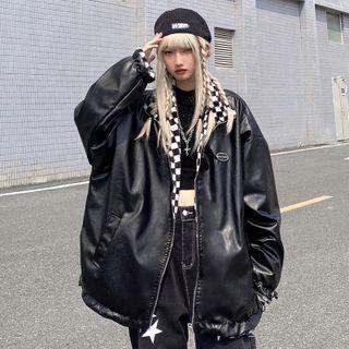 Reversible Checkerboard Faux Leather Zip Jacket