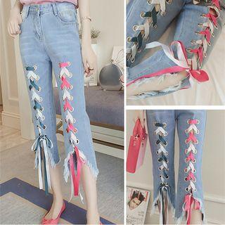 Lace-up Cropped Straight-cut Jeans