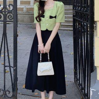 Short-sleeve Bow Accent Blouse / Midi A-line Skirt / Set