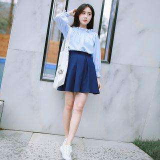 Set: Off-shoulder Frill Trim Long-sleeve Blouse + Pleated Skirt