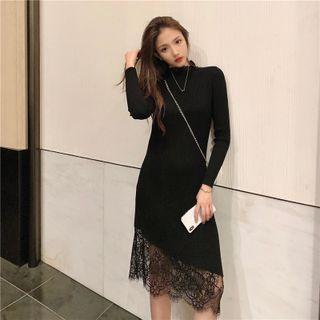 Long-sleeve Lace Trim Sweater Dress