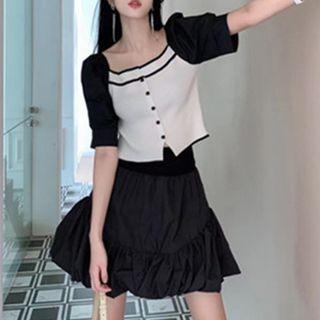 Short-sleeve Two-tone Top / A-line Skirt / Set