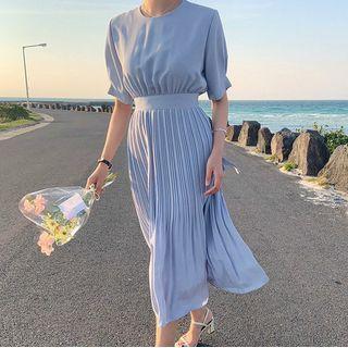 Balloon-sleeve Paneled Ribbed Midi A-line Dress