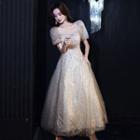 Puff-sleeve Glitter Maxi Prom Dress