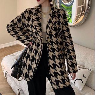 Notch Lapel Houndstooth Jacket With Belt - Houndstooth - Black & White - One Size
