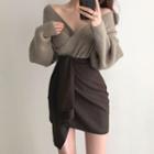Off-shoulder Sweater / Irregular Hem Mini Pencil Skirt
