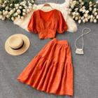 Set Of 2 : Square-neck Puff-sleeve Top + Plain Ruched Skirt